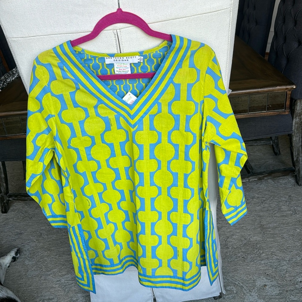 Gretchen Scott cotton shirt size Lg. NWT beautiful green and blue.